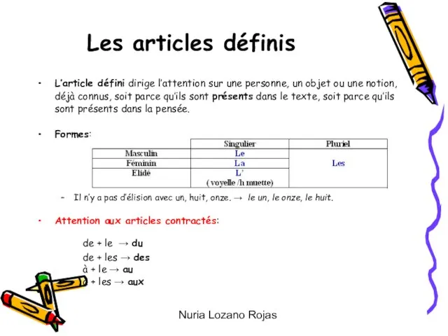 Nuria Lozano Rojas Les articles définis L’article défini dirige l’attention sur