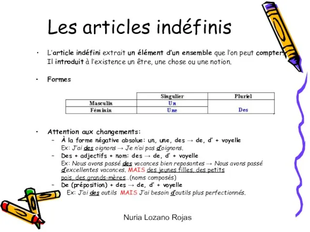 Nuria Lozano Rojas Les articles indéfinis L’article indéfini extrait un élément