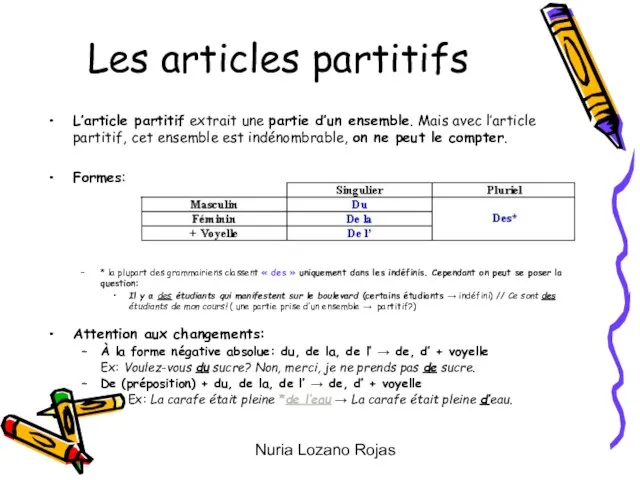 Nuria Lozano Rojas Les articles partitifs L’article partitif extrait une partie