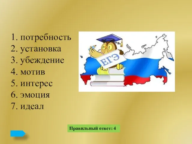 Правильный ответ: 4 1. потребность 2. установка 3. убеждение 4. мотив