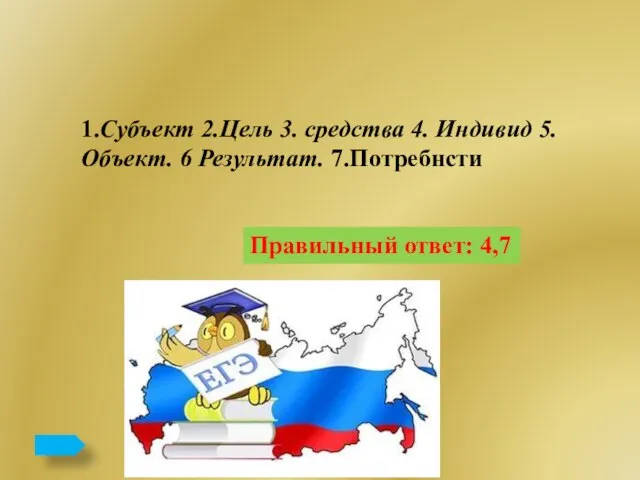 Правильный ответ: 4,7 1.Субъект 2.Цель 3. средства 4. Индивид 5. Объект. 6 Результат. 7.Потребнсти