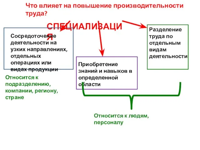 СПЕЦИАЛИЗАЦИЯ Сосредоточение деятельности на узких направлениях, отдельных операциях или видах продукции