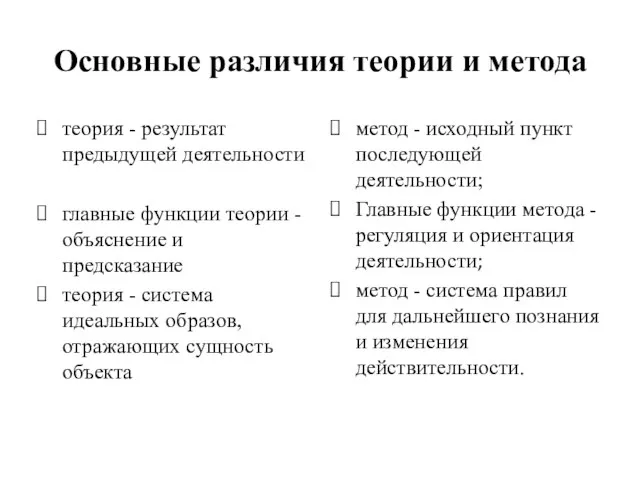 Основные различия теории и метода теория - результат предыдущей деятельности главные