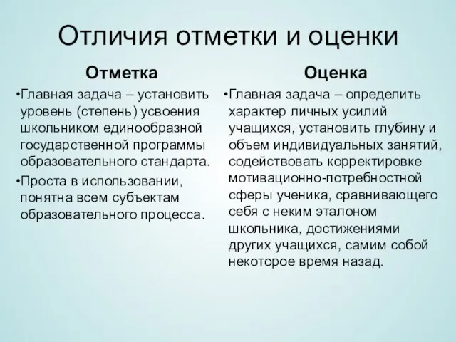 Отличия отметки и оценки Отметка Главная задача – установить уровень (степень)