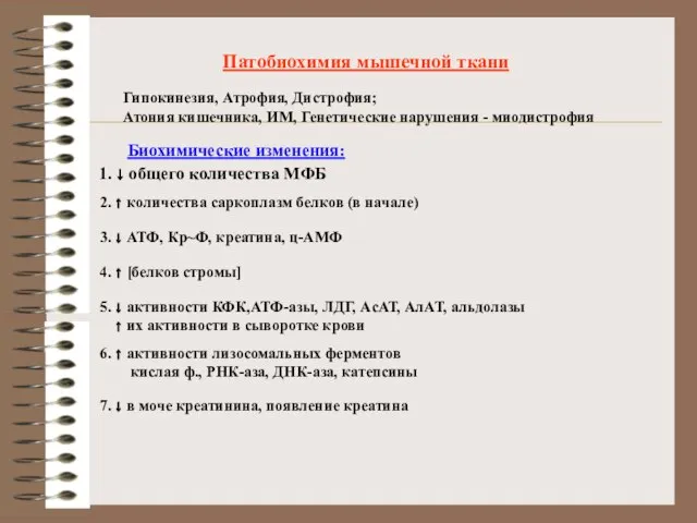 Патобиохимия мышечной ткани Гипокинезия, Атрофия, Дистрофия; Атония кишечника, ИМ, Генетические нарушения