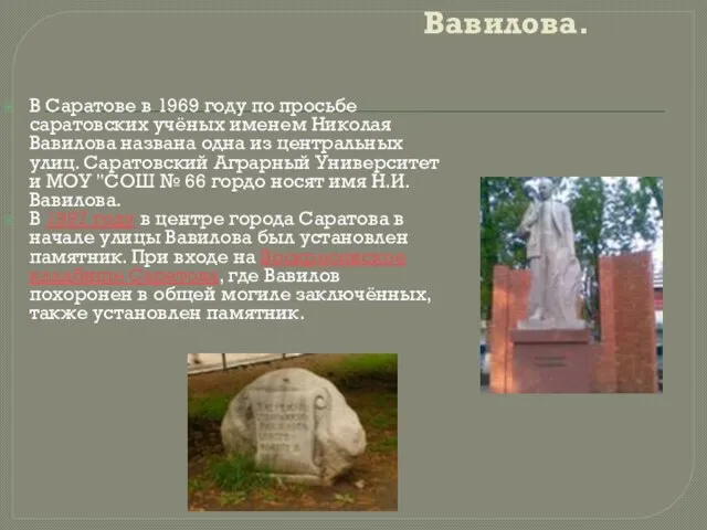 Саратов помнит и любит Вавилова. В Саратове в 1969 году по