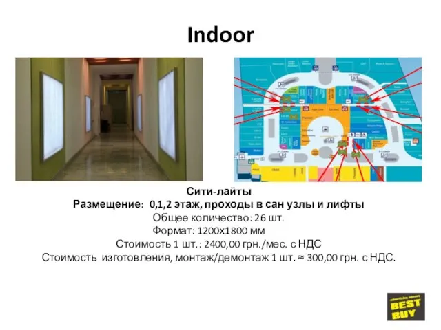 Indoor Сити-лайты Размещение: 0,1,2 этаж, проходы в сан узлы и лифты