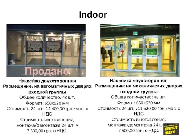 Indoor Наклейка двухсторонняя Размещение: на автоматичных дверях входной группы Общее количество: