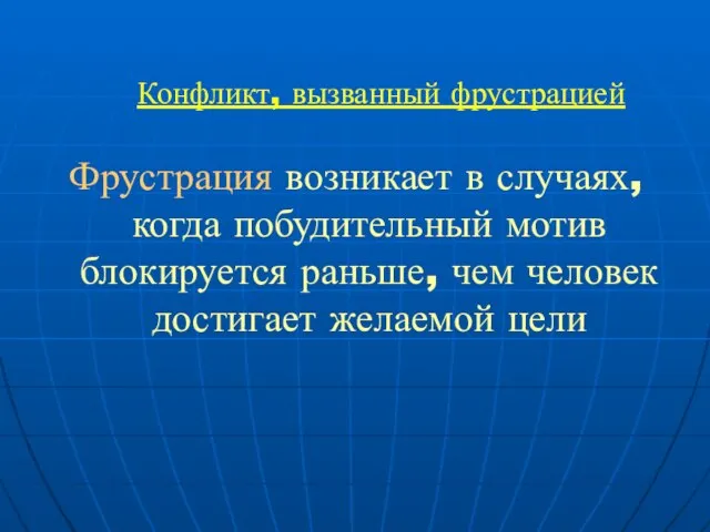 Конфликт, вызванный фрустрацией Фрустрация возникает в случаях, когда побудительный мотив блокируется