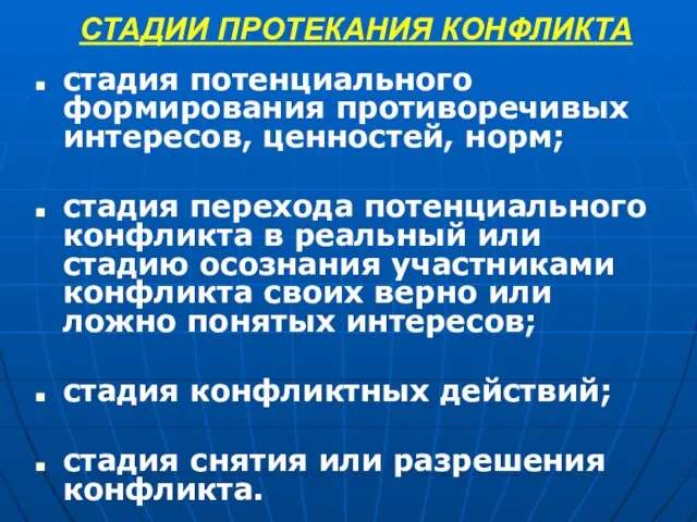 СТАДИИ ПРОТЕКАНИЯ КОНФЛИКТА стадия потенциального формирования противоречивых интересов, ценностей, норм; стадия