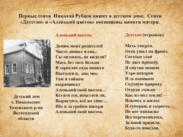 Первые стихи Николай Рубцов пишет в детском доме. Стихи «Детство» и