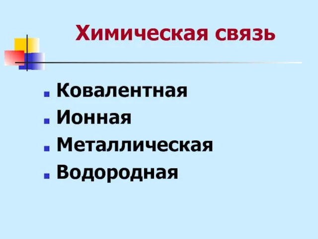 Химическая связь Ковалентная Ионная Металлическая Водородная