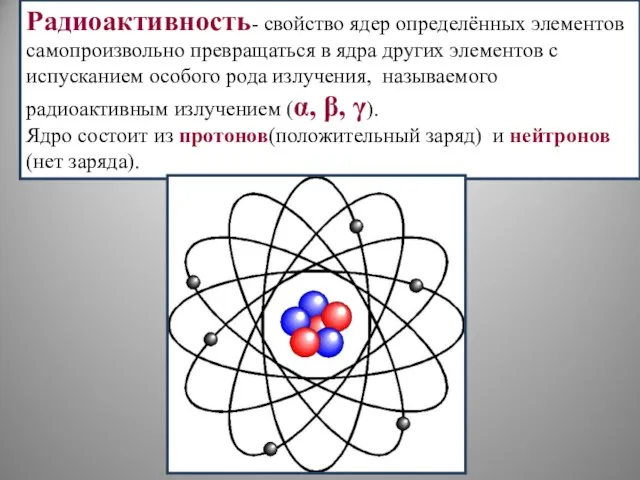 Радиоактивность- свойство ядер определённых элементов самопроизвольно превращаться в ядра других элементов