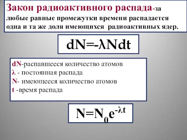 dN=-λNdt Закон радиоактивного распада-за любые равные промежутки времени распадается одна и