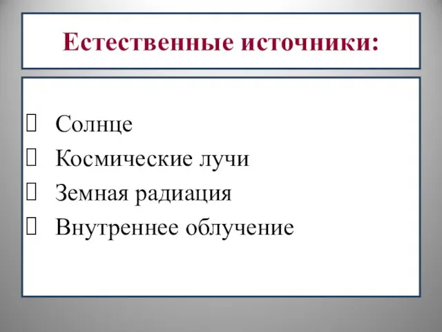 Естественные источники: Солнце Космические лучи Земная радиация Внутреннее облучение