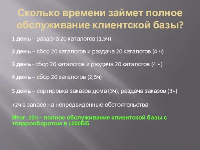 Сколько времени займет полное обслуживание клиентской базы? 1 день – раздача