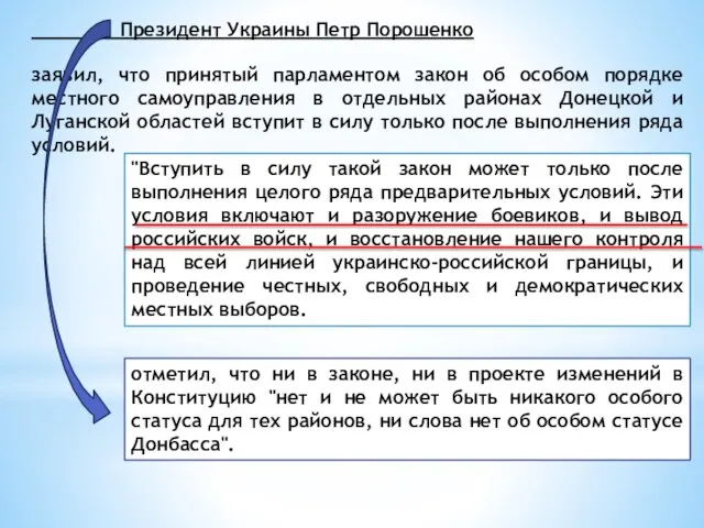 Президент Украины Петр Порошенко заявил, что принятый парламентом закон об особом