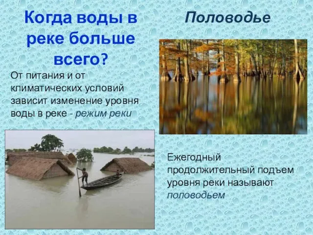 Половодье Ежегодный продолжительный подъем уровня реки называют половодьем Когда воды в