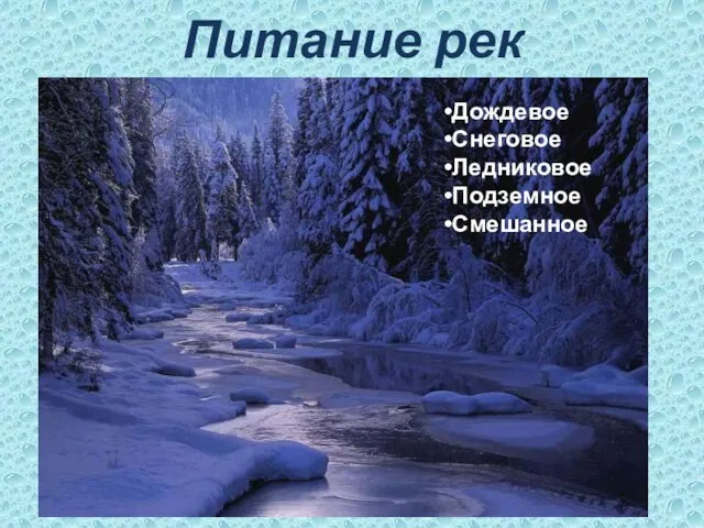 Питание рек Дождевое Снеговое Ледниковое Подземное Смешанное