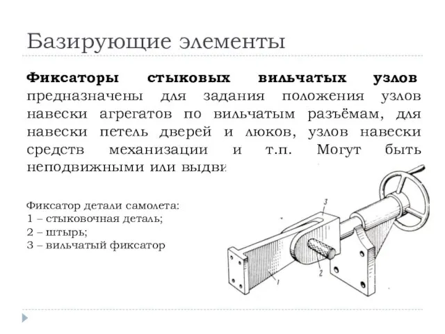 Базирующие элементы Фиксаторы стыковых вильчатых узлов предназначены для задания положения узлов