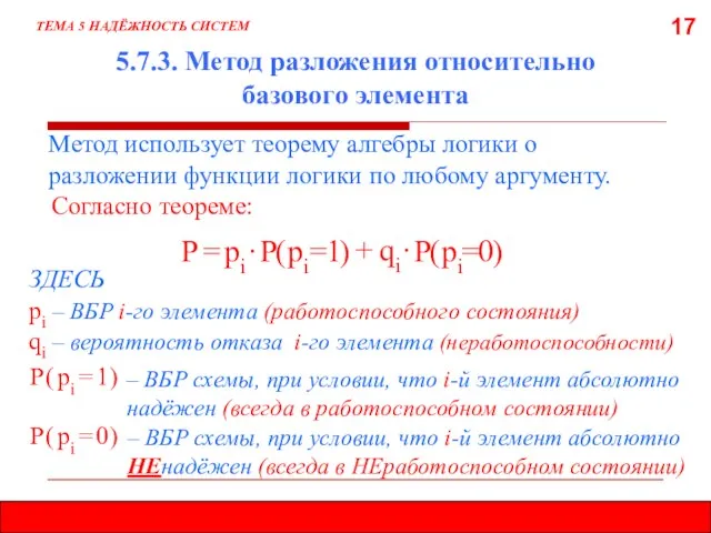 17 5.7.3. Метод разложения относительно базового элемента ТЕМА 5 НАДЁЖНОСТЬ СИСТЕМ