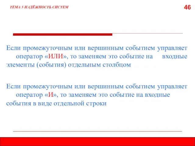 46 Если промежуточным или вершинным событием управляет оператор «ИЛИ», то заменяем