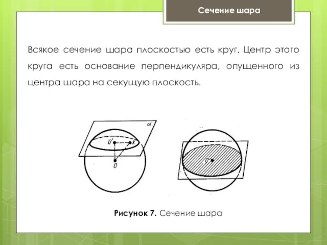 Сечение шара Всякое сечение шара плоскостью есть круг. Центр этого круга