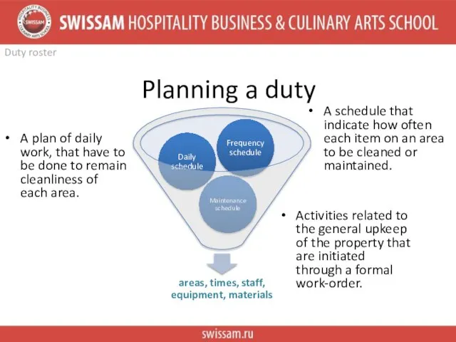 Planning a duty Duty roster A schedule that indicate how often