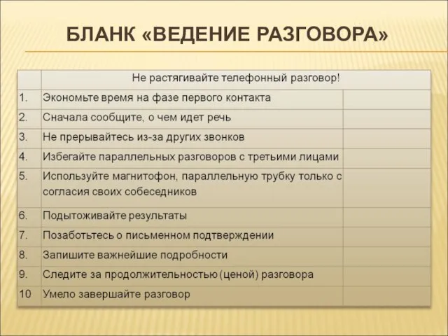 БЛАНК «ВЕДЕНИЕ РАЗГОВОРА»