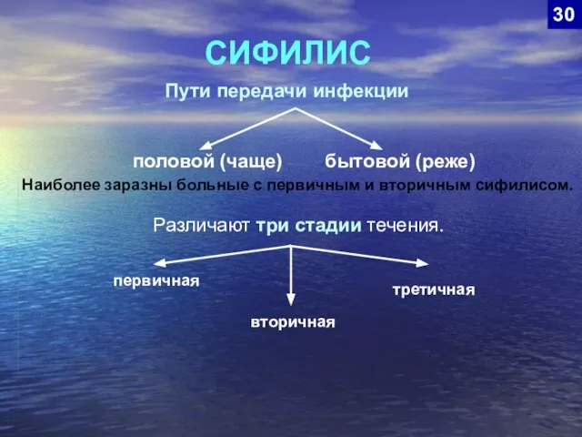 СИФИЛИС 30 Пути передачи инфекции половой (чаще) бытовой (реже) Наиболее заразны