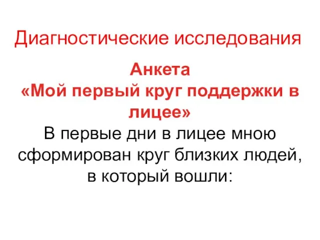 Диагностические исследования Анкета «Мой первый круг поддержки в лицее» В первые