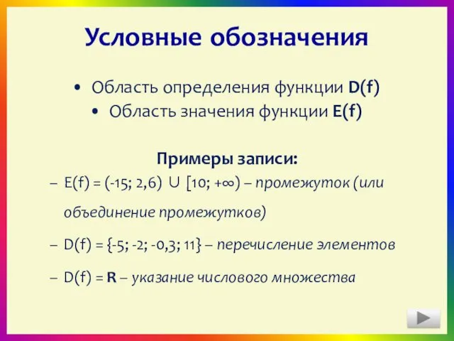 Условные обозначения Область определения функции D(f) Область значения функции E(f) Примеры