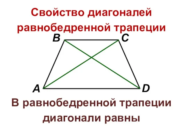 Свойство диагоналей равнобедренной трапеции В равнобедренной трапеции диагонали равны