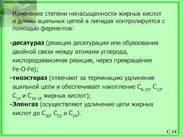 C.14 Изменение степени ненасыщенности жирных кислот и длины ацильных цепей в