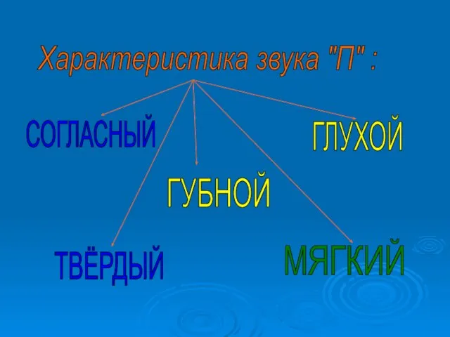 Характеристика звука "П" : СОГЛАСНЫЙ ГУБНОЙ ГЛУХОЙ ТВЁРДЫЙ МЯГКИЙ