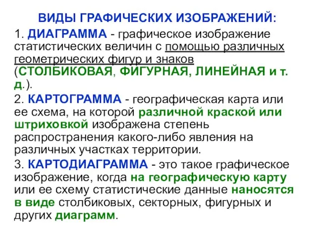 ВИДЫ ГРАФИЧЕСКИХ ИЗОБРАЖЕНИЙ: 1. ДИАГРАММА - графическое изображение статистических величин с