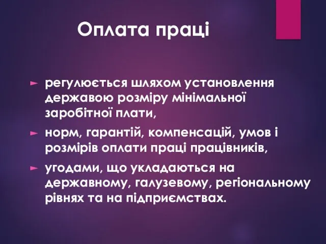 Оплата праці регулюється шляхом установлення державою розміру мінімальної заробітної плати, норм,