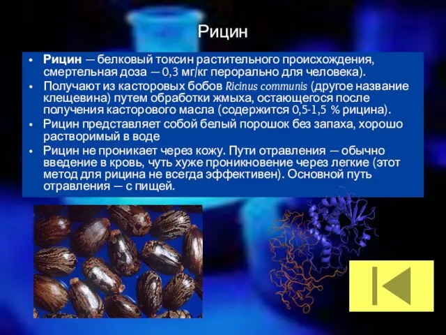 Рицин Рицин — белковый токсин растительного происхождения, смертельная доза — 0,3