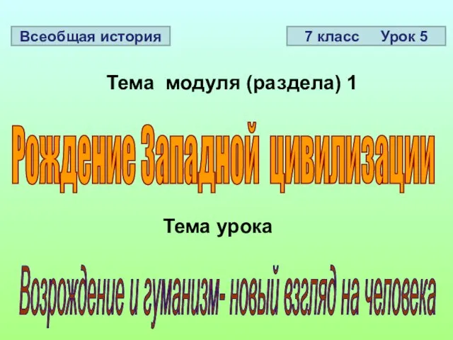 Рождение Западной цивилизации Возрождение и гуманизм- новый взгляд на человека Тема