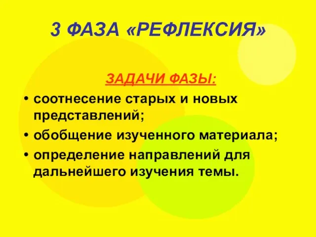 3 ФАЗА «РЕФЛЕКСИЯ» ЗАДАЧИ ФАЗЫ: соотнесение старых и новых представлений; обобщение