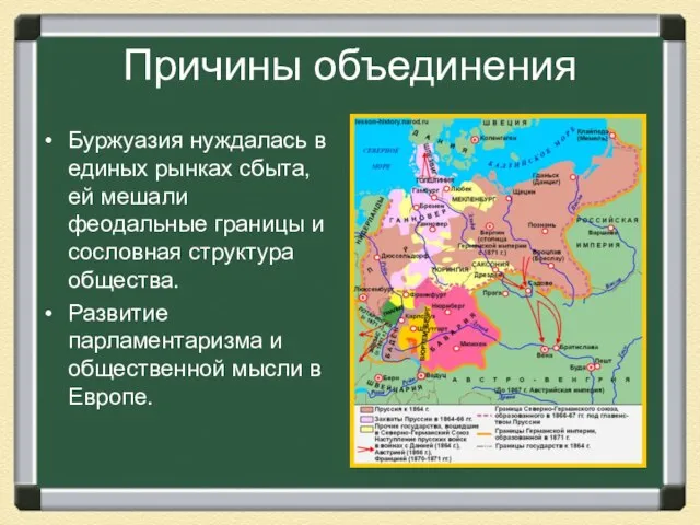 Причины объединения Буржуазия нуждалась в единых рынках сбыта, ей мешали феодальные