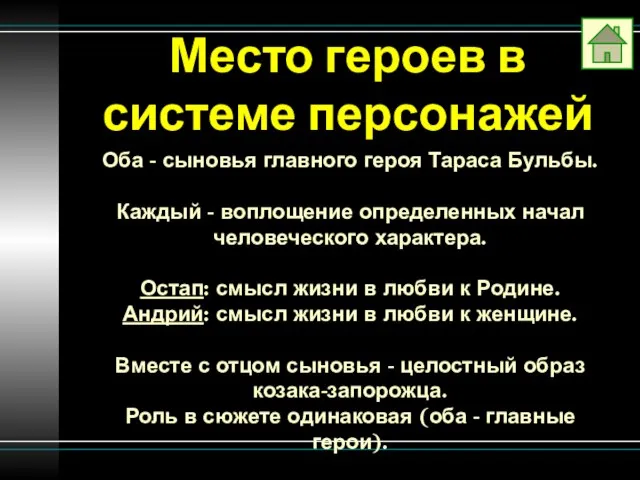 Место героев в системе персонажей Оба - сыновья главного героя Тараса