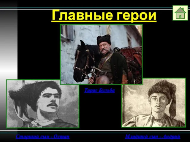 Главные герои повести Тарас Бульба Старший сын - Остап Младший сын - Андрий