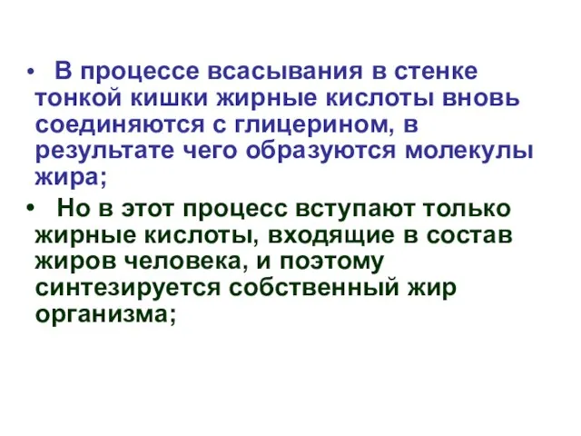 В процессе всасывания в стенке тонкой кишки жирные кислоты вновь соединяются