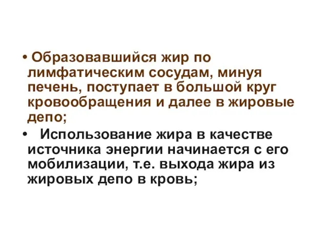 Образовавшийся жир по лимфатическим сосудам, минуя печень, поступает в большой круг