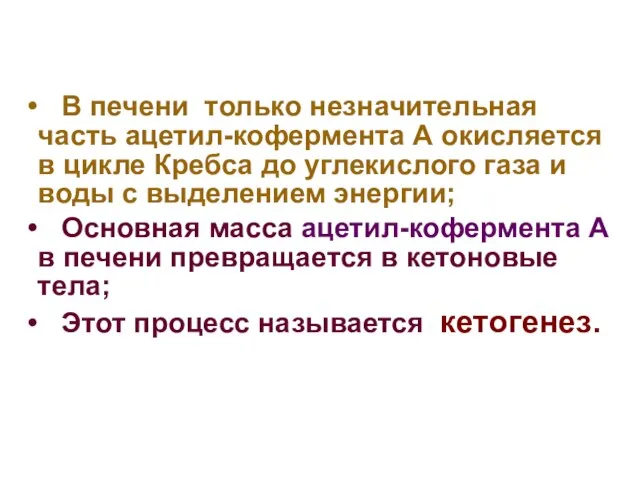 В печени только незначительная часть ацетил-кофермента А окисляется в цикле Кребса