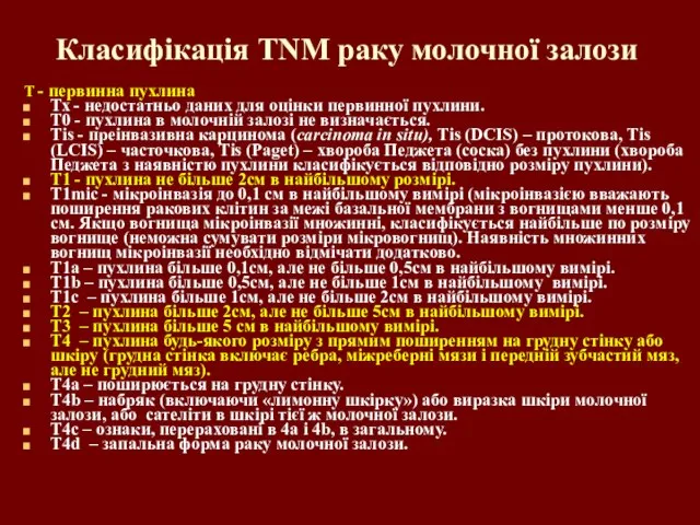 Класифікація TNM раку молочної залози Т - первинна пухлина Тх -