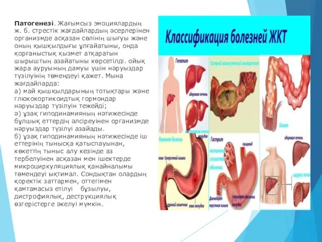 Патогенезі. Жағымсыз эмоциялардың ж. б. стрестік жағдайлардың әсерлерінен организмде асқазан сөлінің