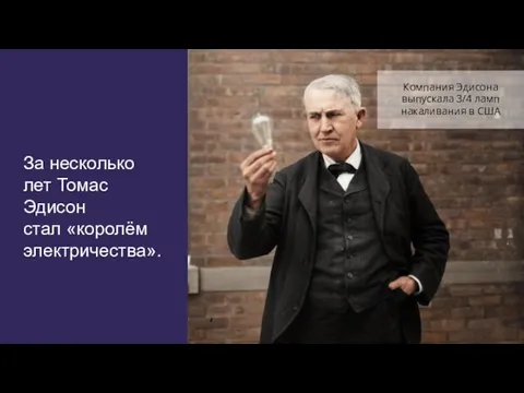 За несколько лет Томас Эдисон стал «королём электричества». Компания Эдисона выпускала 3/4 ламп накаливания в США