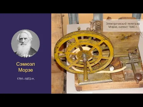 Сэмюэл Морзе 1791–1872 гг. Электрический телеграф Морзе, патент 1840 г.